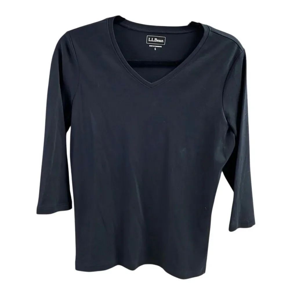 L.L. Bean Black Pullover Top Small 100% Cotton Everyday Basic V-Neck